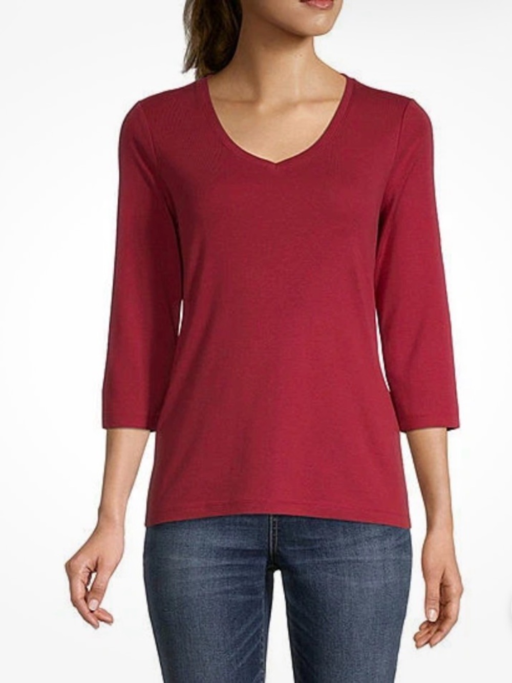 St. John's Bay Womens Size PM Essential Tee V-Neck 3/4 Sleeve T-Shirt Red Pepper